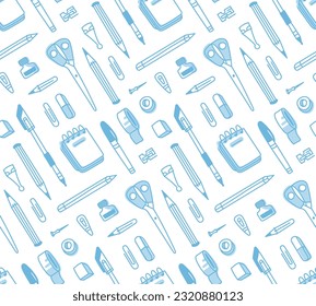 Vector pattern of stationary items. Background with desk accessories. Back to school concept design.
Good for textile design, wrapping paper, wallpaper.