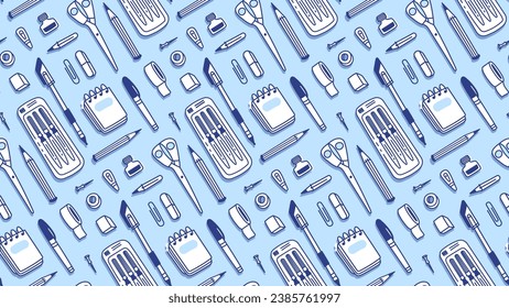 Vector pattern of stationary items. Background with desk accessories. Back to school concept design.
Good for textile design, wrapping paper, wallpaper.