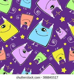 Vector pattern with strange colorful cartoon one-eyed smiling aliens isolated on violet background. Seamless pattern can be used for wallpaper, pattern fills, web page background, surface textures.