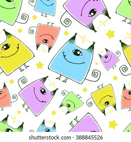 Vector pattern with strange colorful cartoon one-eyed smiling aliens isolated on white background. Seamless pattern can be used for wallpaper, pattern fills, web page background, surface textures.