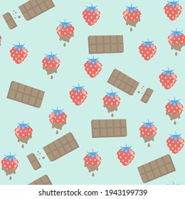 Patrón vectorial. Fresas y chocolate con fondo azul.