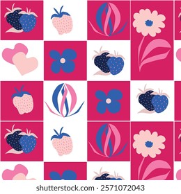 Vector pattern of strawberries and hearts. A print for Valentine's Day.