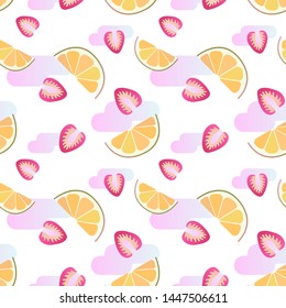 vector pattern with strawberries and orange slices on a white background with flat elements in cartoon style, fruit illustration for packaging design, textile