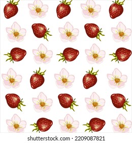 Vector pattern with strawberries.Ripe strawberries with flowers on a transparent background in a seamless vector pattern.