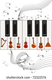 Vector pattern of string musical instruments placed on piano keys with notes spinning in dance around the keyboard.