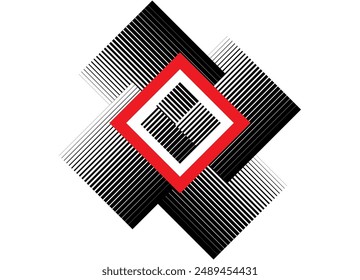 Vector pattern of striped squares with thin broken lines. Red black modern background. Abstract design element