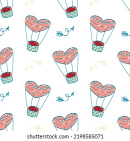 Vector pattern in the style of the 70s, groovy balloon, hearts and arrows, Valentine's Day. Illustration for postcards, posters, fabrics, print on clothes.