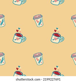 Vector pattern in the style of the 70s, groovy coffee cup, coffee, love drink, Valentine's Day. Illustration for postcards, posters, fabrics, print on clothes.