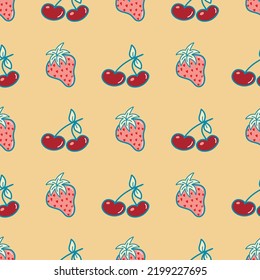 Vector pattern in the style of the 70s, groovy strawberries and cherries, berries, Valentine's Day. Illustration for postcards, posters, fabrics, print on clothes.
