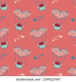 Vector pattern in the style of the 70s, groovy balloon, hearts and arrows, Valentine's Day. Illustration for postcards, posters, fabrics, print on clothes.