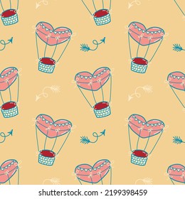 Vector pattern in the style of the 70s, groovy balloon, hearts and arrows, Valentine's Day. Illustration for postcards, posters, fabrics, print on clothes.