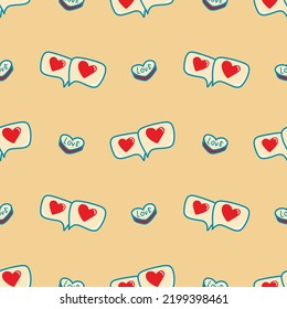 Vector pattern in the style of the 70s, groovy hearts with the inscription Love, love message, Valentine's Day. Illustration for postcards, posters, fabrics, print on clothes.