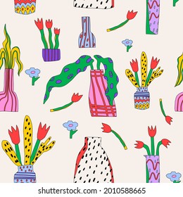 vector pattern in the style of provence - vases with bouquets, pots, tulips, wildflowers. Hand drawn romantic style with strokes. Teksil for kitchen and restaurant. Background with plants