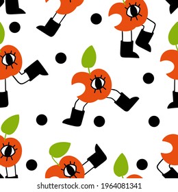 Vector pattern of stylized apples. Red ripe cheerful apples dance. Eye, eyelashes, foot, shoes. Background of black dots. Vector flat hand-drawn illustration. Modern design for fabric and paper