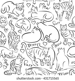 Vector pattern of stylized cat designs repeats seamlessly.