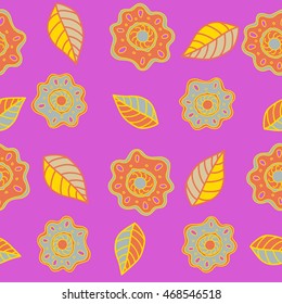 Vector pattern of stylized floral motif, hole, spots, flowers, doodles on magenta background. Hand drawn. Seamless pattern. Seamless floral background.