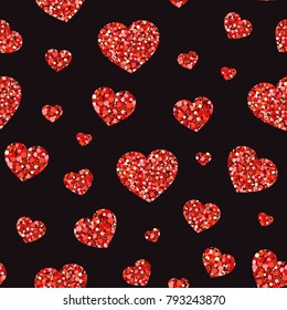 Vector pattern with stylized hearts from red of spangles of different sizes on black background. Elegant background