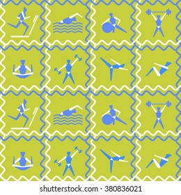 Vector pattern stylized people perform exercises. Fitness concept.