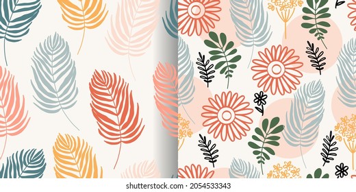 Vector pattern from stylized plants, herbs and flowers. A set of two patterns matching the color.
