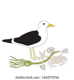 Vector pattern of a stylized seascape with a seagull, seaweed, starfish, shells and crab. 