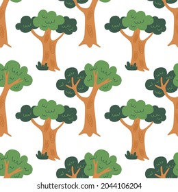 Vector pattern with stylized trees in a cartoon Scandinavian style for printing on children's clothes, wallpaper, gift packaging and paper, postcards, etc. Seamless illustration in the flat style.