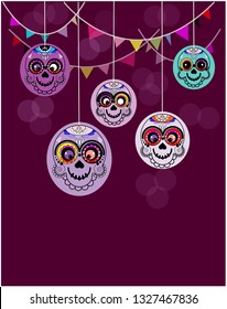 vector pattern with sugar skulls on violet background. Mexican holiday. Vector illustration in flat style