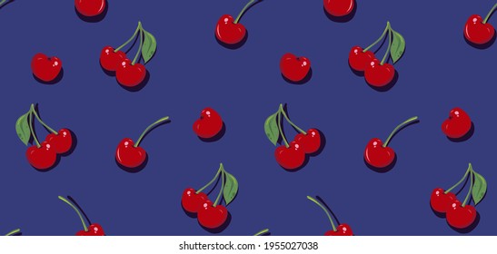 Vector pattern of summer berries. Burgundy cherry on a dark blue background. Perfect print for textiles, clothing, stationery.