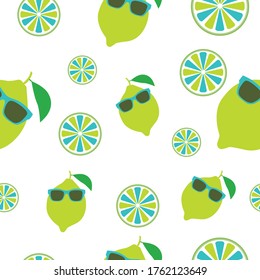 Vector pattern. Summer pattern. Lemon in sunglasses, lemon slices on a white background. Lemon pattern. Fresh lime seamless background. Pattern citrus with slices vector illustration isolated on white