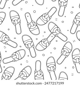 Vector pattern with summer shoes without backs on the sand, beach. Shoes are randomly placed.