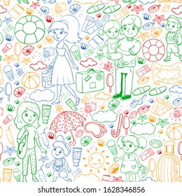 Vector pattern. Summer vacations. Little children. Happy family with kids. Travel and adventures. Beach, ocean, island, sun