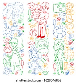Vector pattern. Summer vacations. Little children. Happy family with kids. Travel and adventures. Beach, ocean, island, sun
