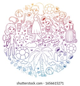 Vector pattern. Summer vacations. Little children. Happy family with kids. Travel and adventures. Beach, ocean, island, sun