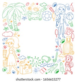 Vector pattern. Summer vacations. Little children. Happy family with kids. Travel and adventures. Beach, ocean, island, sun