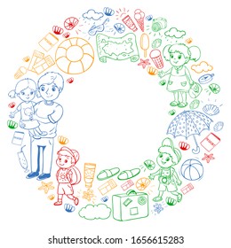 Vector pattern. Summer vacations. Little children. Happy family with kids. Travel and adventures. Beach, ocean, island, sun