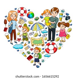 Vector pattern. Summer vacations. Little children. Happy family with kids. Travel and adventures. Beach, ocean, island, sun