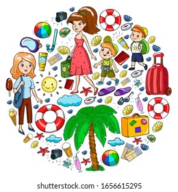 Vector pattern. Summer vacations. Little children. Happy family with kids. Travel and adventures. Beach, ocean, island, sun