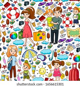  Patrón vectorial. Vacaciones de verano. Niños pequeños.Feliz familia con niños. Viajes y aventuras. Playa, océano, isla, sol