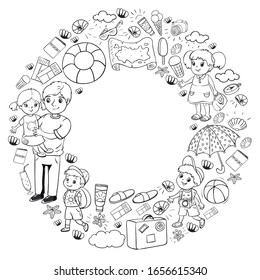 Vector pattern. Summer vacations. Little children. Happy family with kids. Travel and adventures. Beach, ocean, island, sun