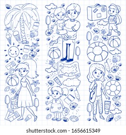 Vector pattern. Summer vacations. Little children. Happy family with kids. Travel and adventures. Beach, ocean, island, sun