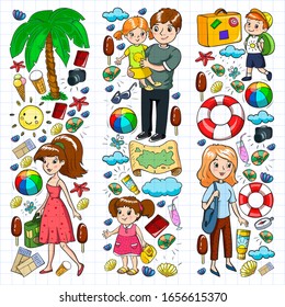 Vector pattern. Summer vacations. Little children. Happy family with kids. Travel and adventures. Beach, ocean, island, sun