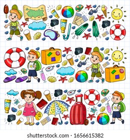 Vector pattern. Summer vacations. Little children. Happy family with kids. Travel and adventures. Beach, ocean, island, sun