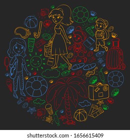 Vector pattern. Summer vacations. Little children. Happy family with kids. Travel and adventures. Beach, ocean, island, sun