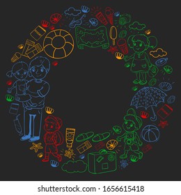 Vector pattern. Summer vacations. Little children. Happy family with kids. Travel and adventures. Beach, ocean, island, sun