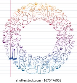 Vector pattern. Summer vacations. Little children. Happy family with kids. Travel and adventures. Beach, ocean, island, sun