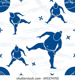 Vector pattern of sumo wrestler, shurikens and mountain Fuji. Japan theme.