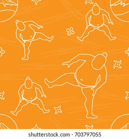 Vector pattern of sumo wrestler, shurikens and mountain Fuji. Japan theme.