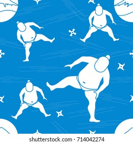 Vector pattern of sumo wrestler, shurikens and mountain Fuji. Japan theme.