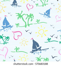 Vector pattern with sun, hearts, palms, gulls, coast, sea, sailfish on a stripes background. Seamless pattern can be used for wallpaper, pattern fills, web page background,surface textures.