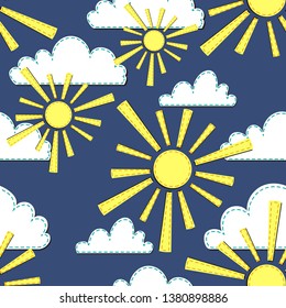 Vector pattern with sun, rain and 3 clouds. imitation of craft application.