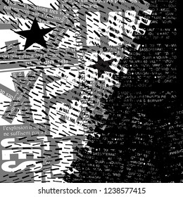 Vector pattern with a swarm of short lines and white letters without meaning. Newspaper text page collage fading to black.
Urban retro style gray and black texture illustration with two black stars.
